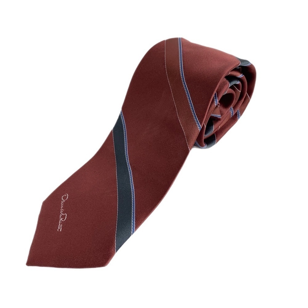 Oscar De La Renta Burnt Sienna & Gray Striped  Polyester/Silk Blend Tie